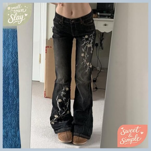 Stretchy Flare Jeans Mid Rise Embroidery Vintage Denim Pants Y2K - Picture 2 of 7